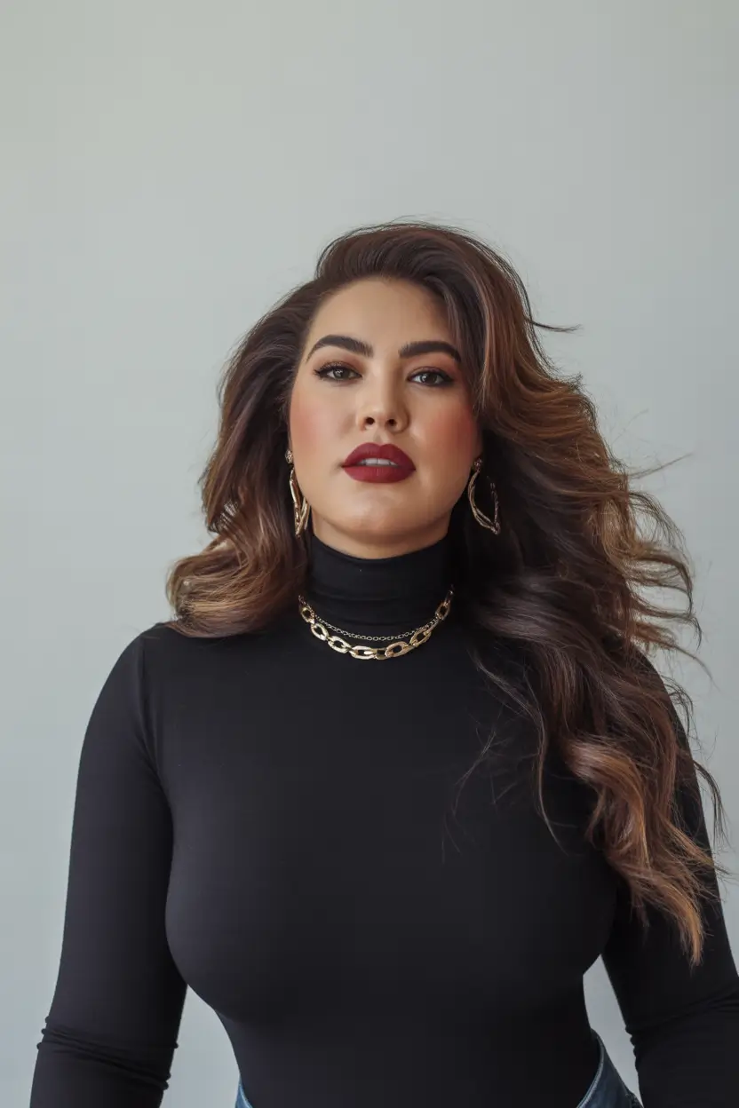 Winter hairstyles for Plus Size Women Deep Chocolate Waves with Power Volume