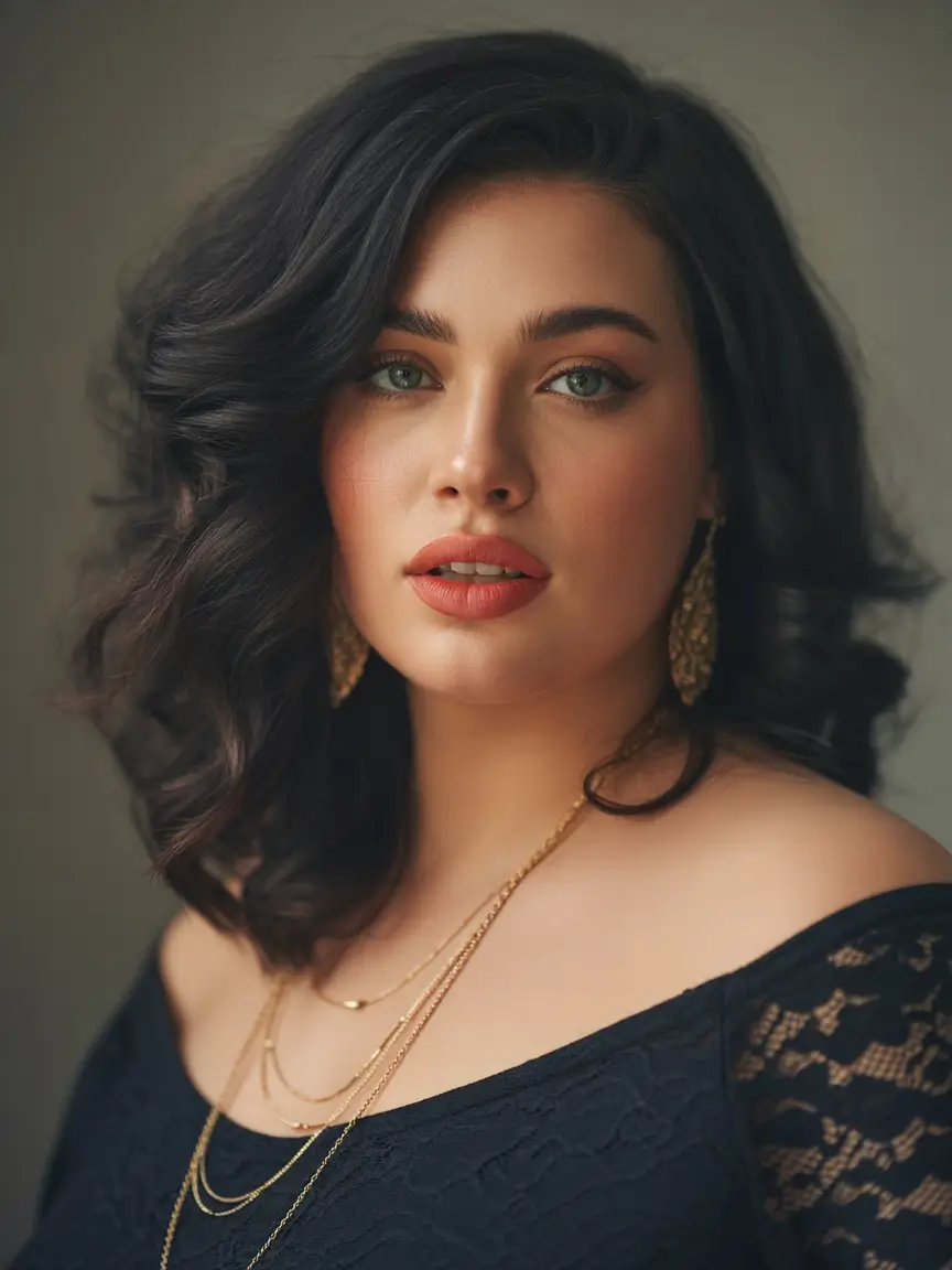 Winter hairstyles for Plus Size Women Glossy Dark Waves with Classic Glamour