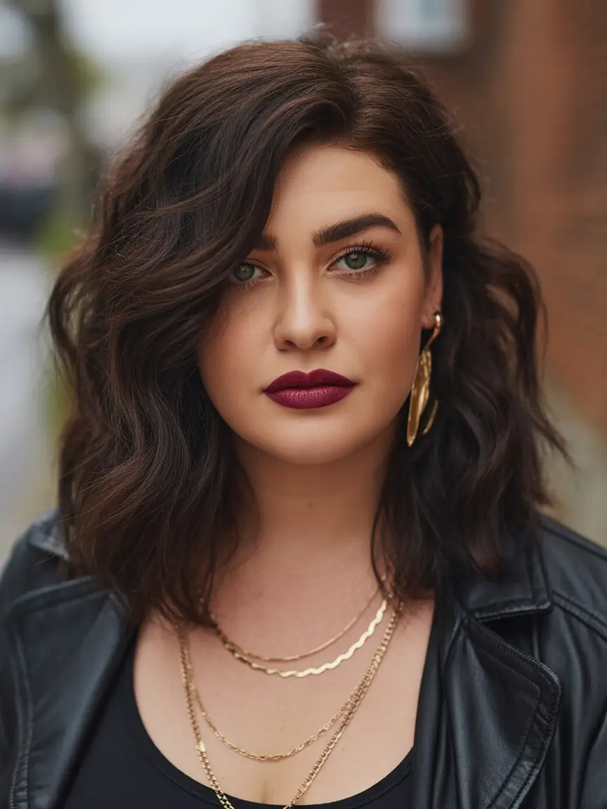 Winter hairstyles for Plus Size Women Textured Brunette Lob with Bold Lip Energy