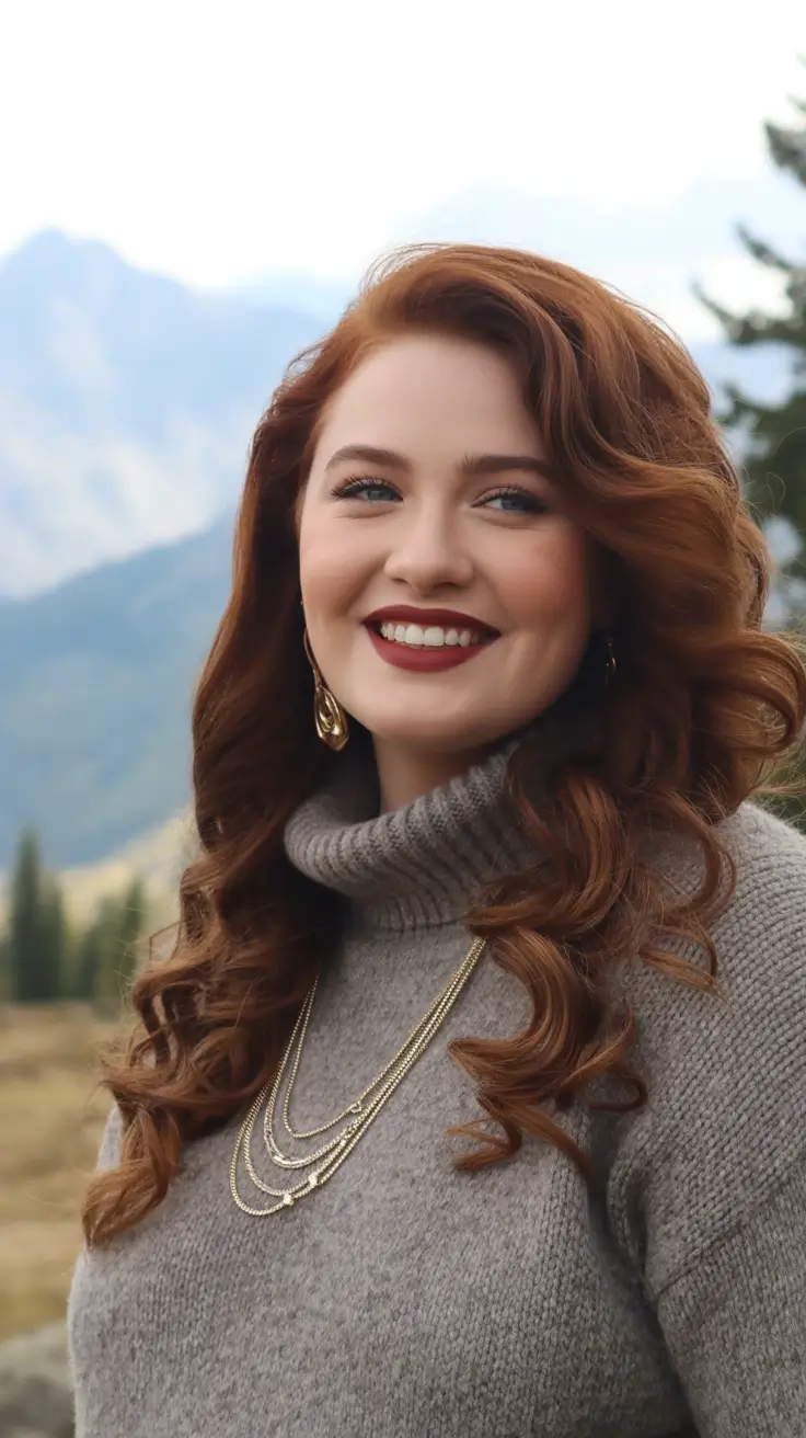 Winter hairstyles for Plus Size Women Romantic Auburn Curls in the Winter Sun