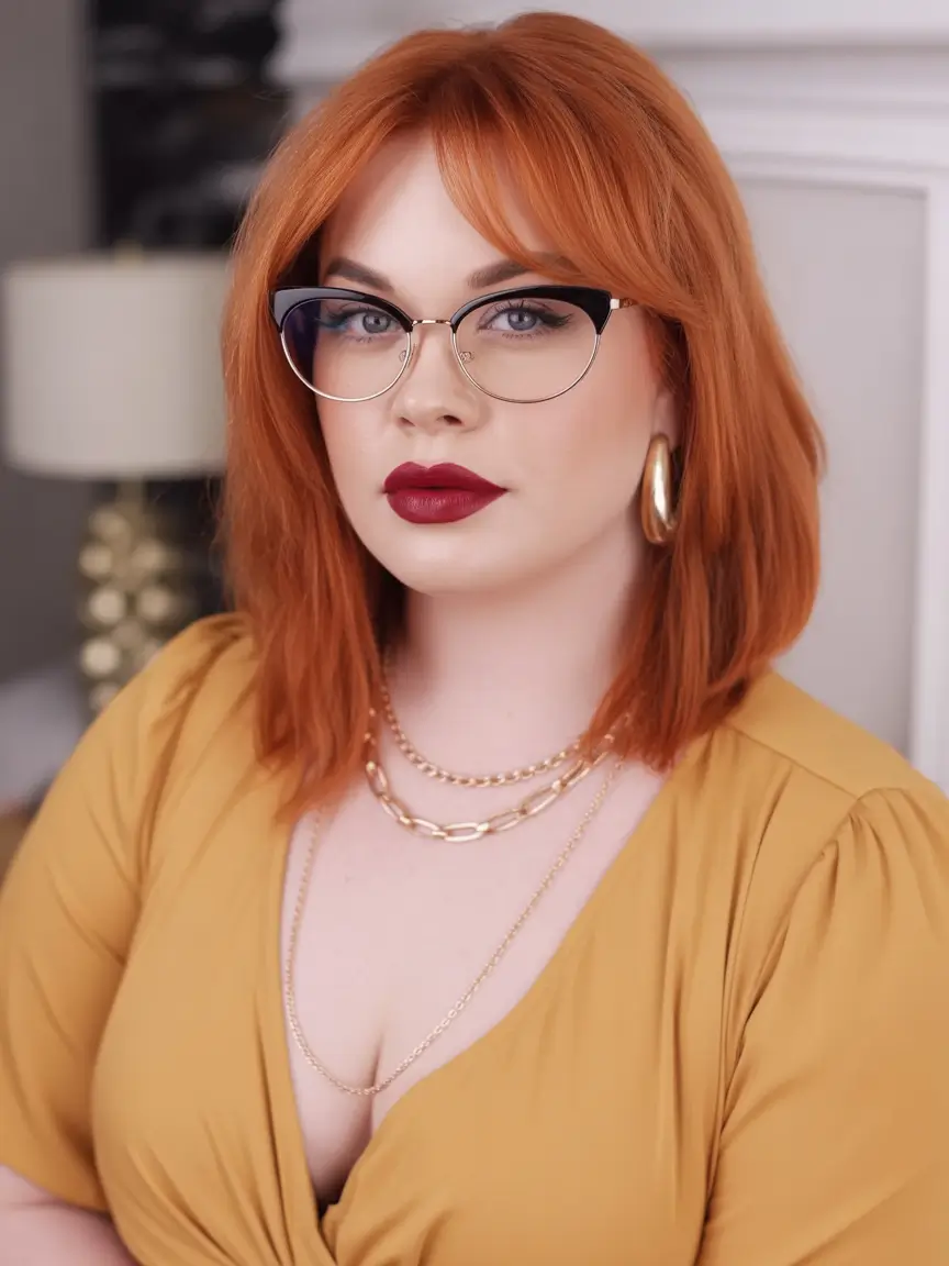 Winter hairstyles for Plus Size Women Fiery Copper Lob with Curtain Bangs