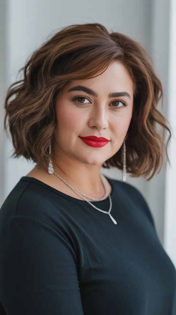 Winter hairstyles for Plus Size Women Textured Brunette Bob with Effortless Volume