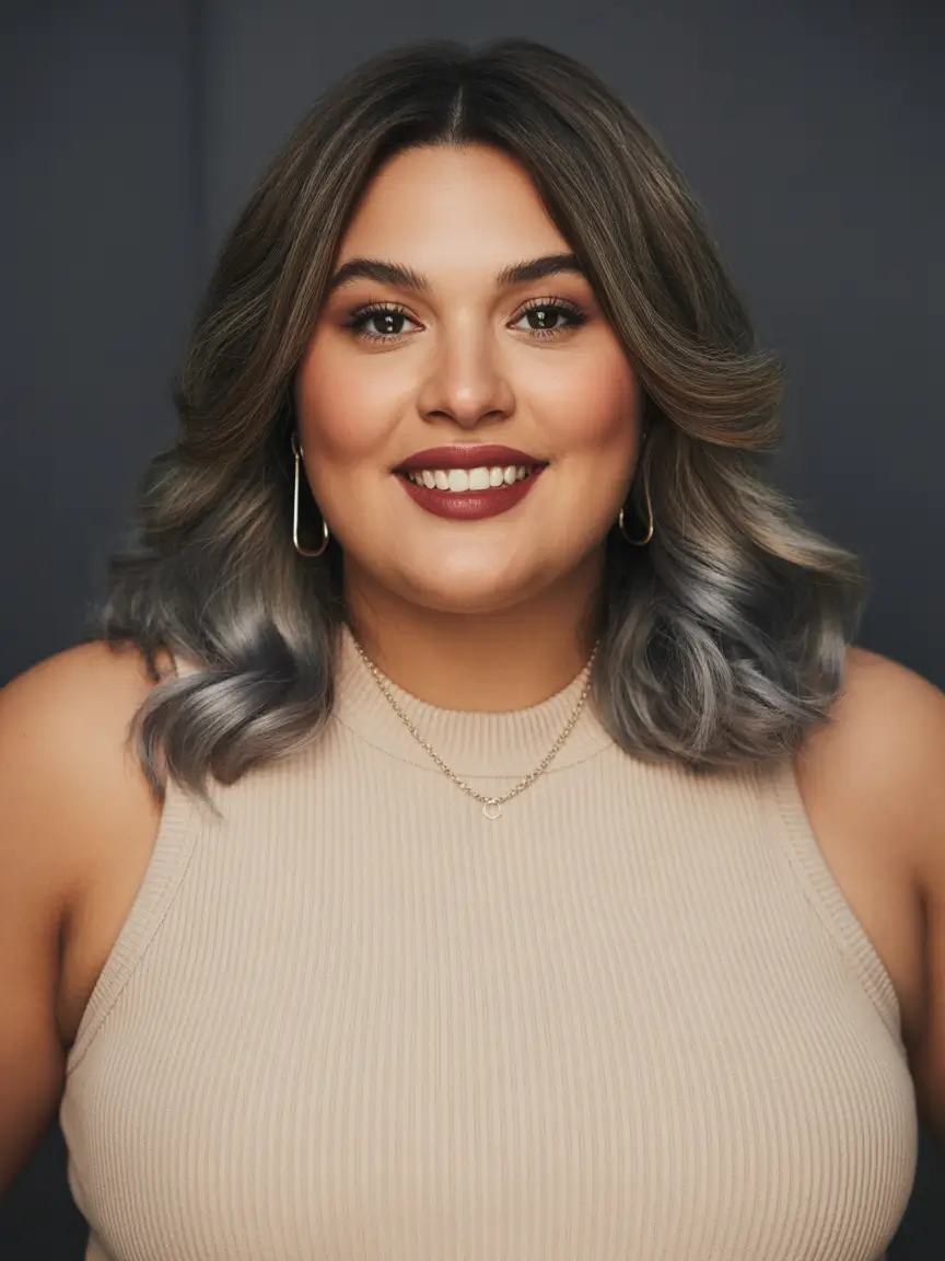 Winter hairstyles for Plus Size Women Subtle Silver Balayage with Soft Layers