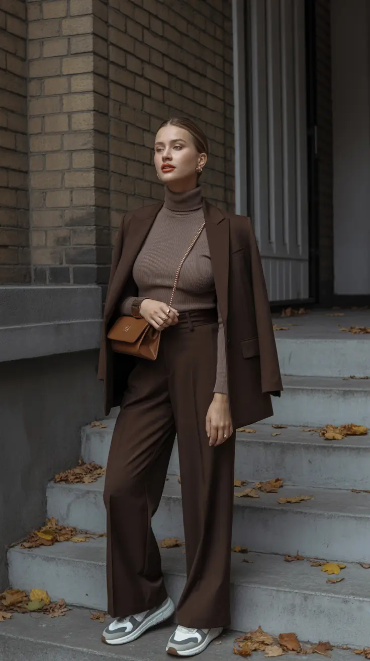 winter work outfits 2025 chocolate power suit meets sneakers