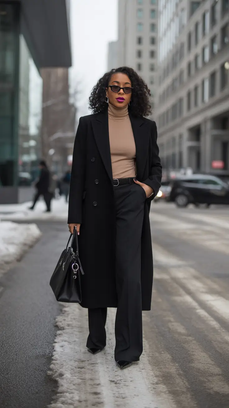 winter work outfits 2025 black and camel power pairing