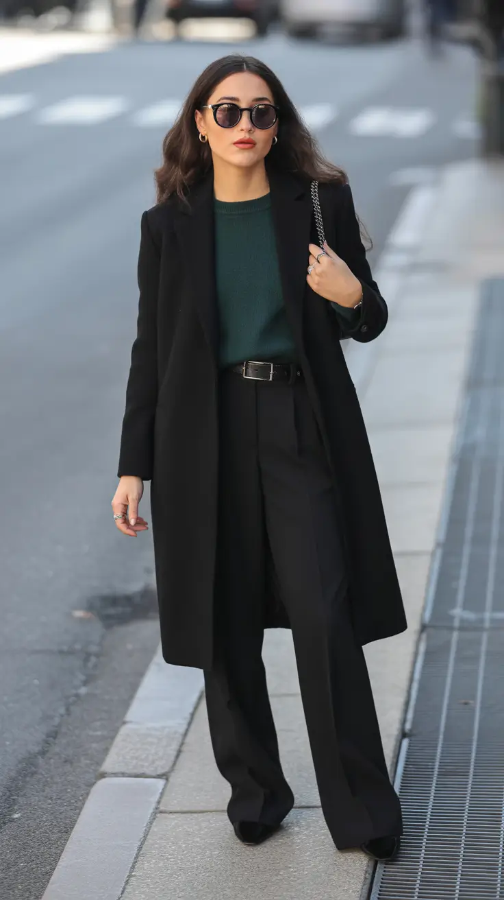 winter work outfits Elegant Layers with a Deep Green Touch