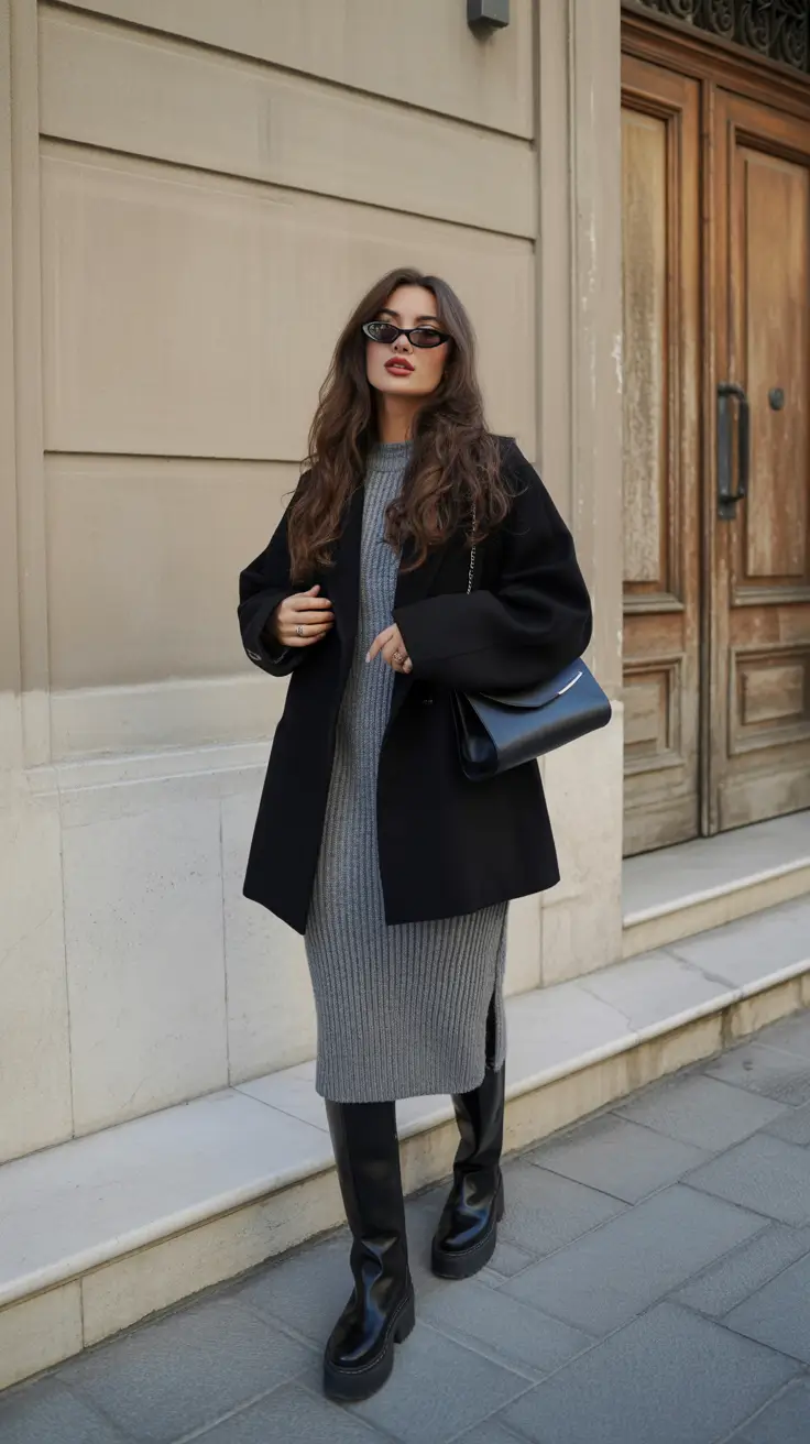winter work outfits 2025 all-black elegance with statement accessories