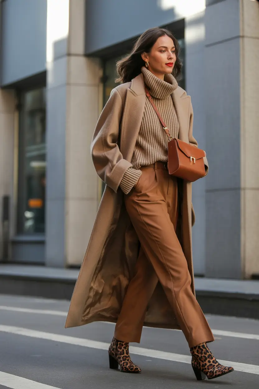 winter work outfits 2025 warm caramel layers with a bold touch