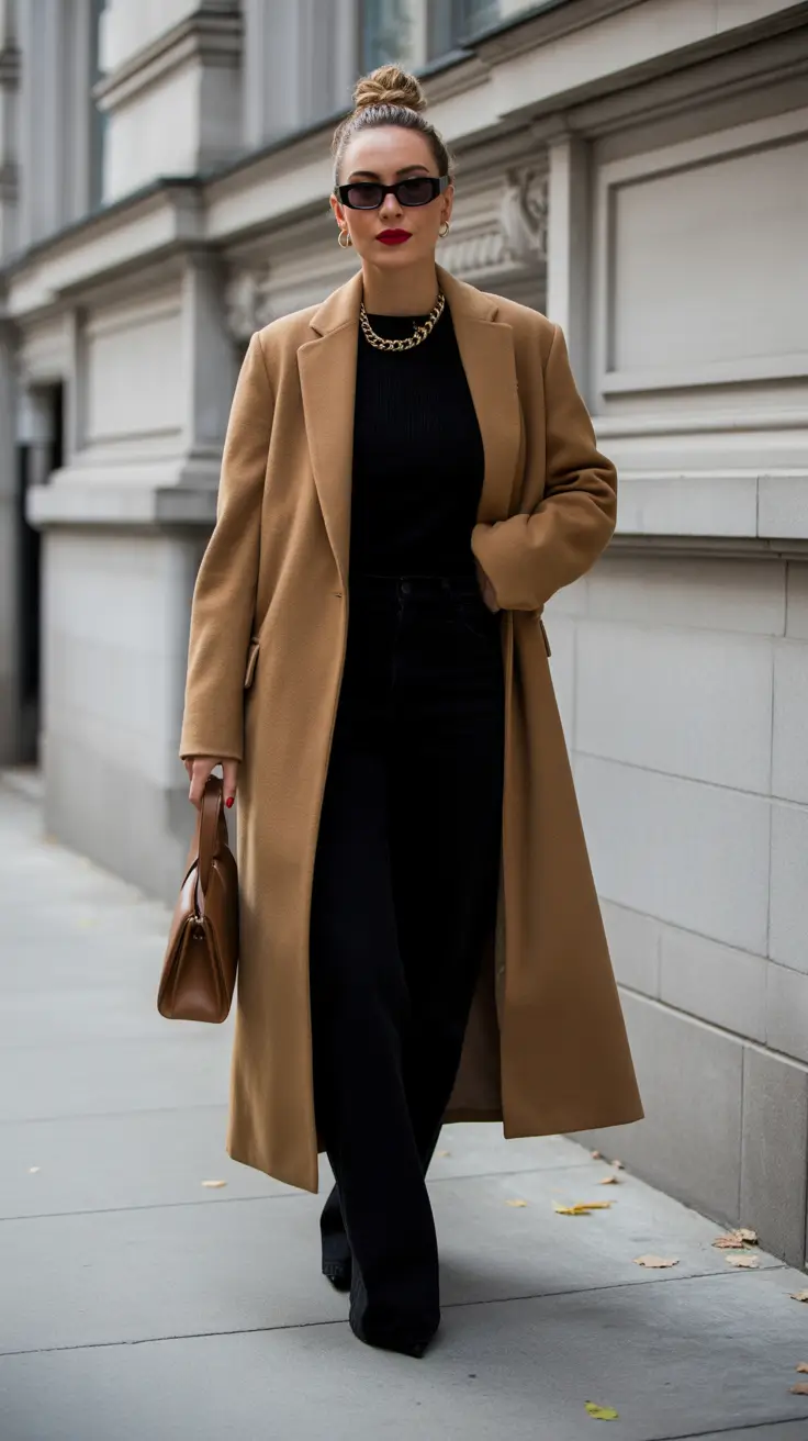 winter work outfits 2025 polished minimalism in camel and black