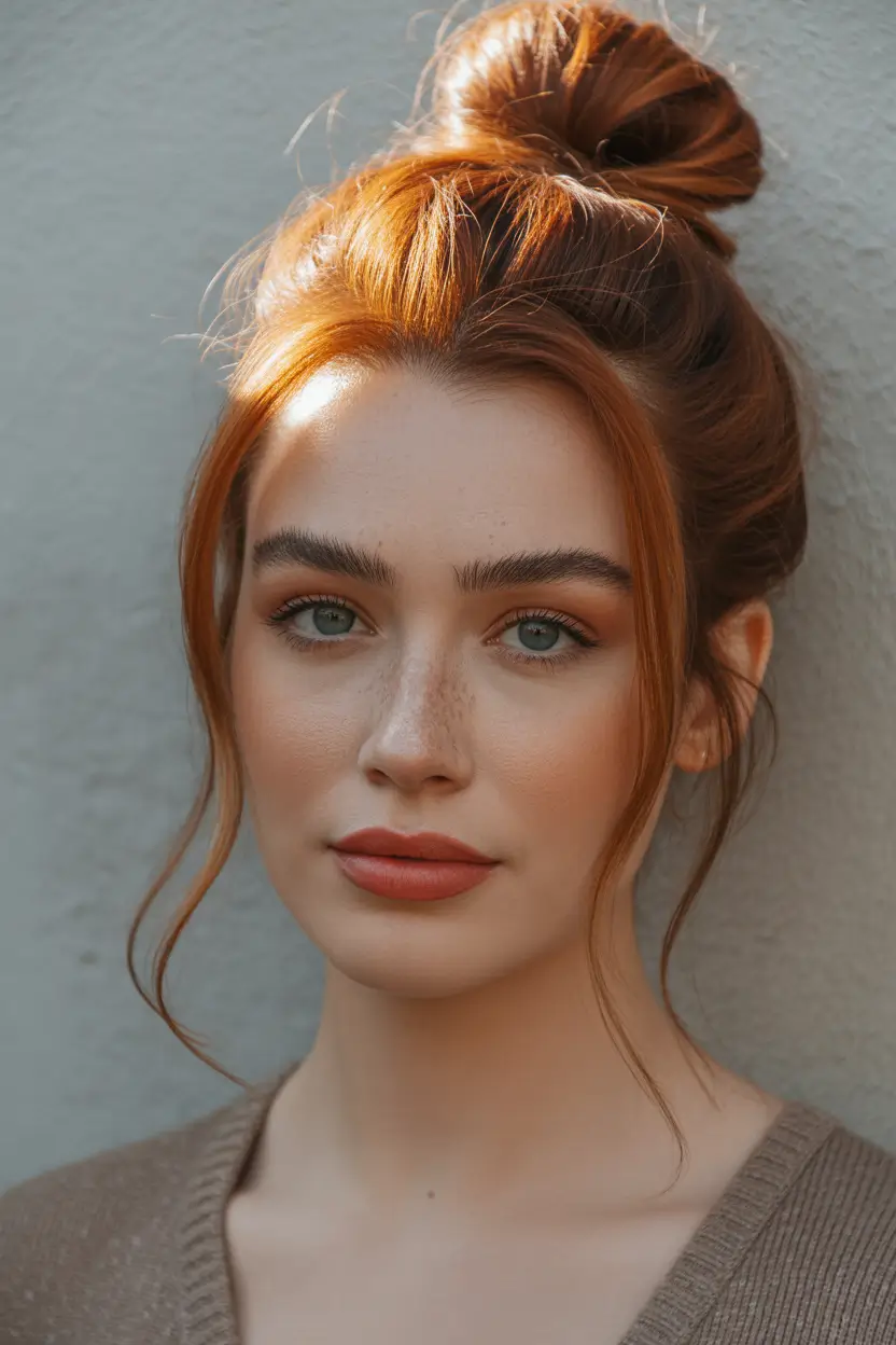 auburn hair color Rich Auburn Top Knot Elegance