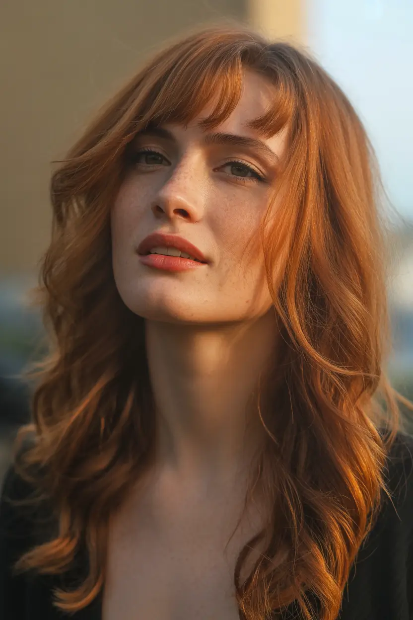 auburn hair color Soft Auburn Waves With Modern Fringe
