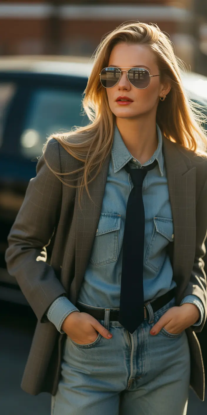 capsule wardrobe outfits 2026 denim on denim with tailored precision