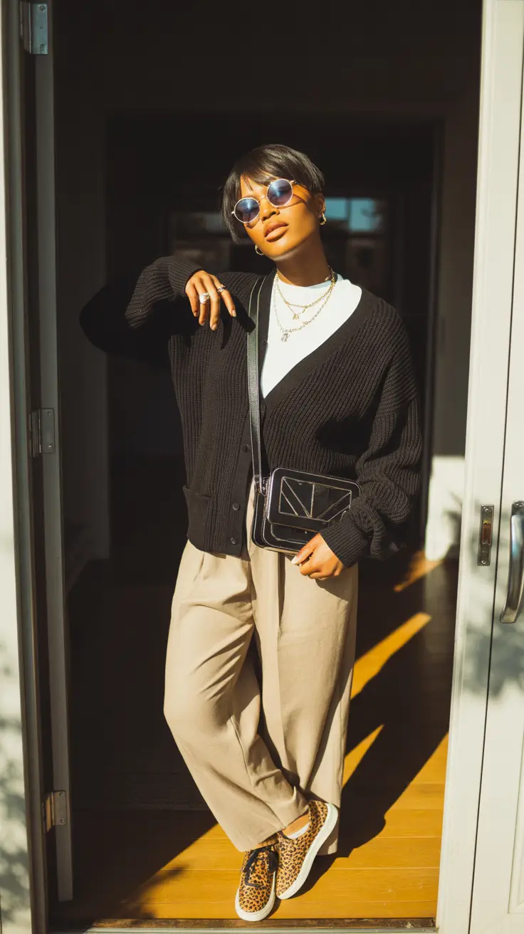 capsule wardrobe outfits 2026 black cardigan cool with a touch of ease