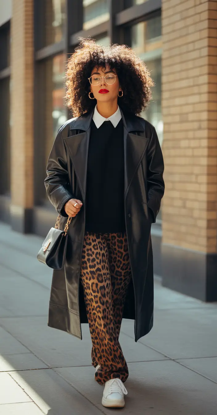 capsule wardrobe outfits 2026 leopard pants with a sleek black coat for everyday power