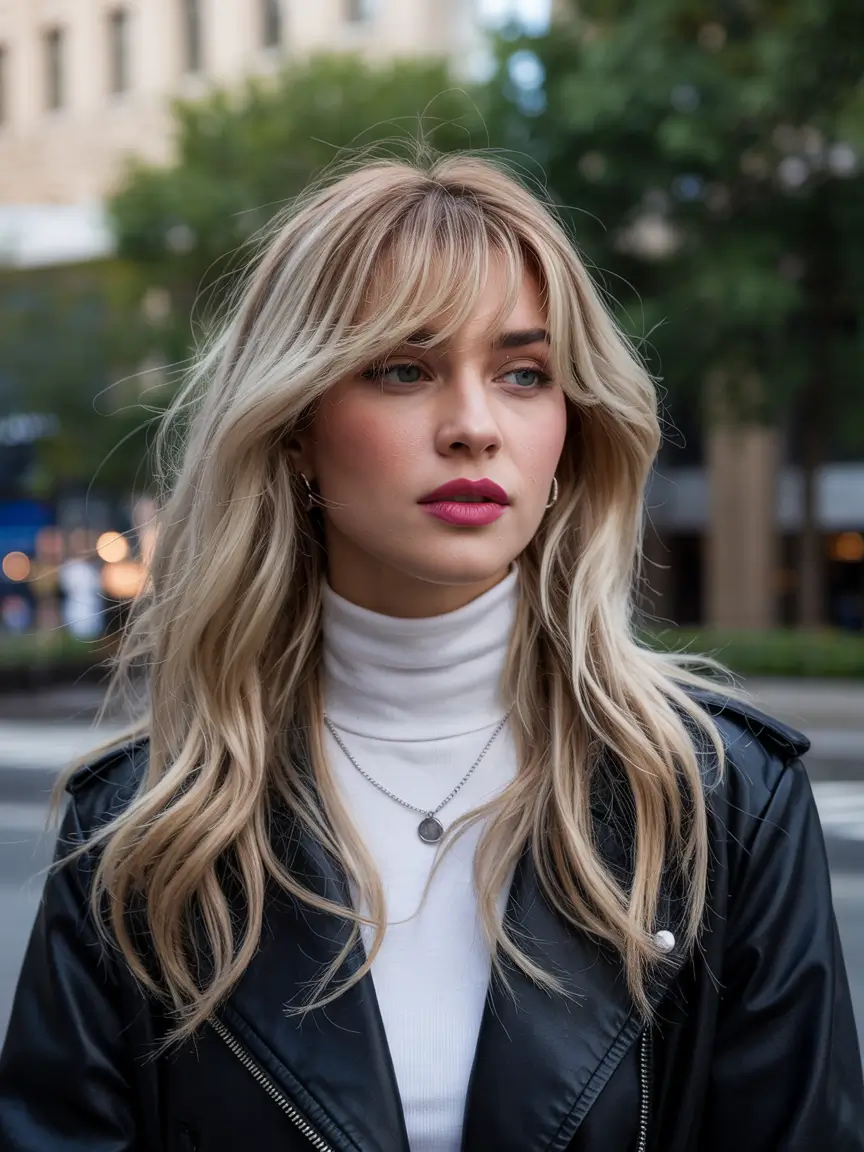 blonde hair color City Layered Blonde With Soft Curtain Bangs