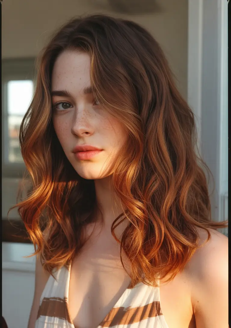 Brown hair colors Soft Copper Brown Waves With Gentle Golden Light