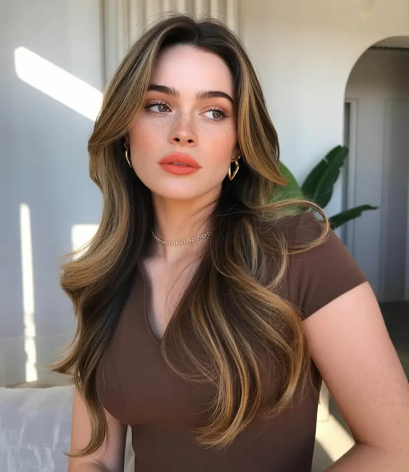 Brown hair colors Blended Light Golden Brunette With Soft Blonde Framing