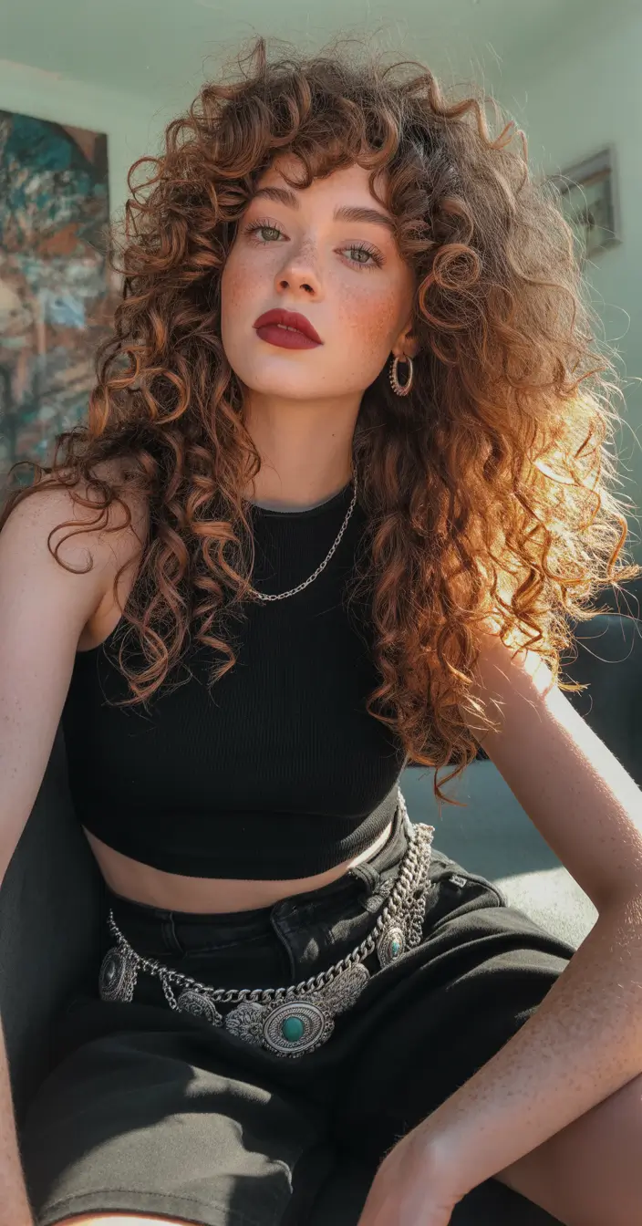 Brown hair colors Voluminous Curls With Rich Dark Copper Brown Energy