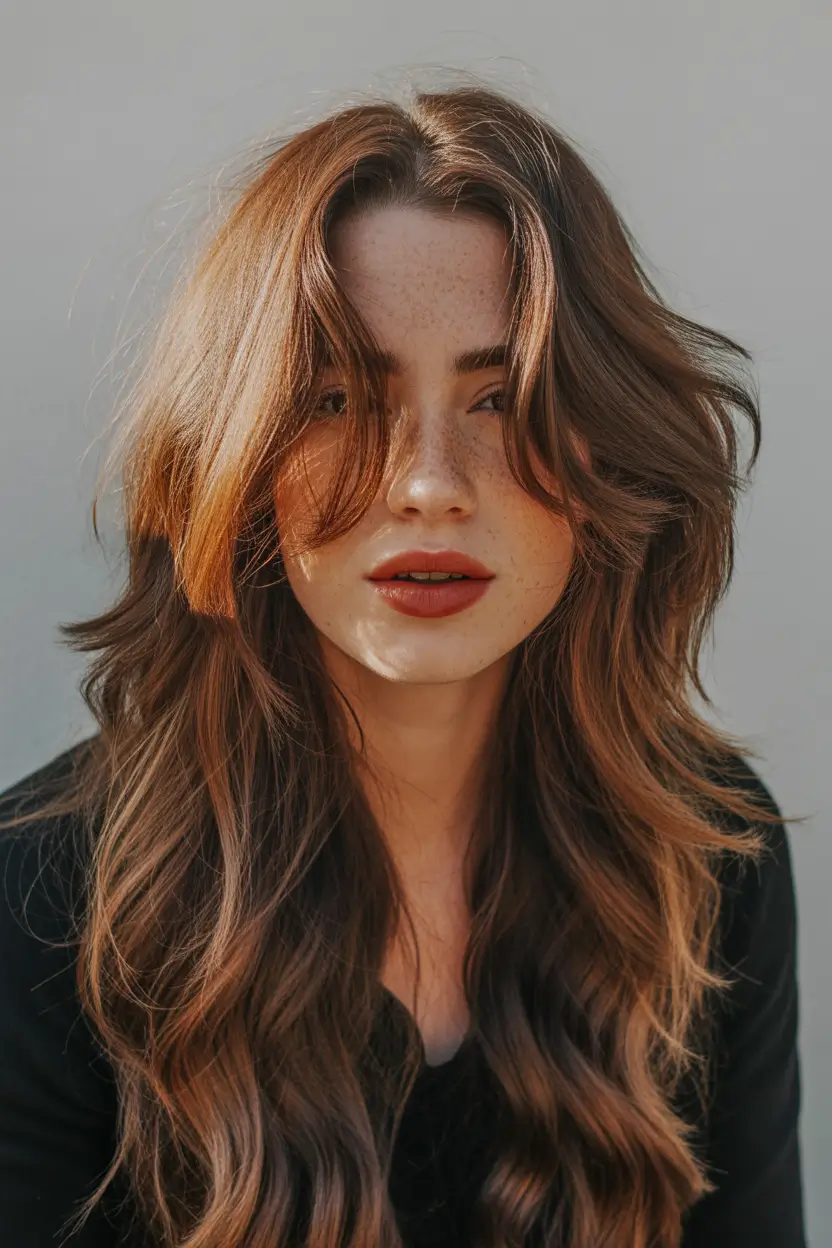 Brown hair colors Modern Long Layers With Soft Copper Chocolate Dimension