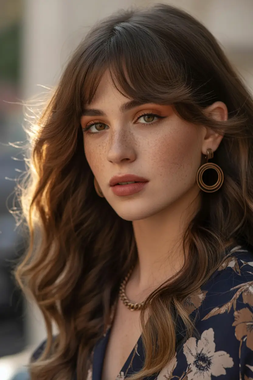 Brown hair colors Soft Brunette With Cinnamon Lightplay And Whisper Bangs