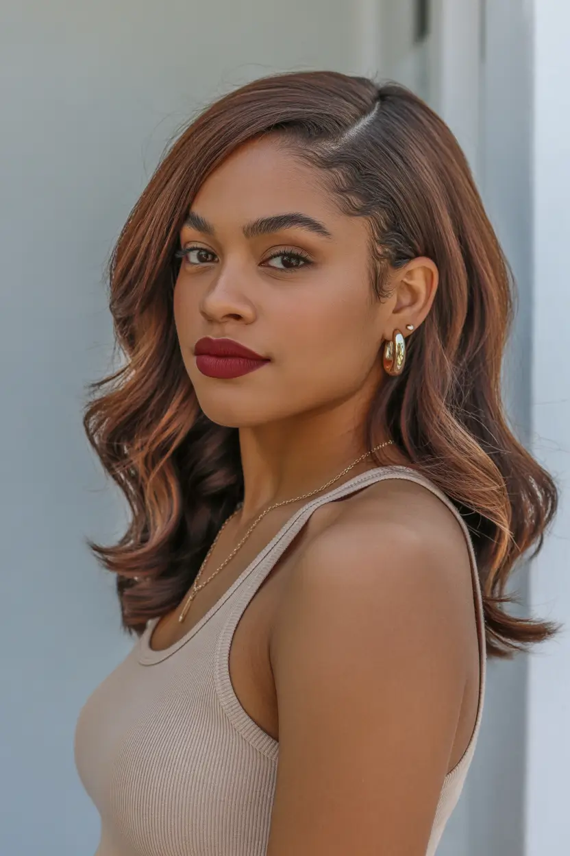 Brunette hair color Soft Chocolate Waves With a Modern Side Part