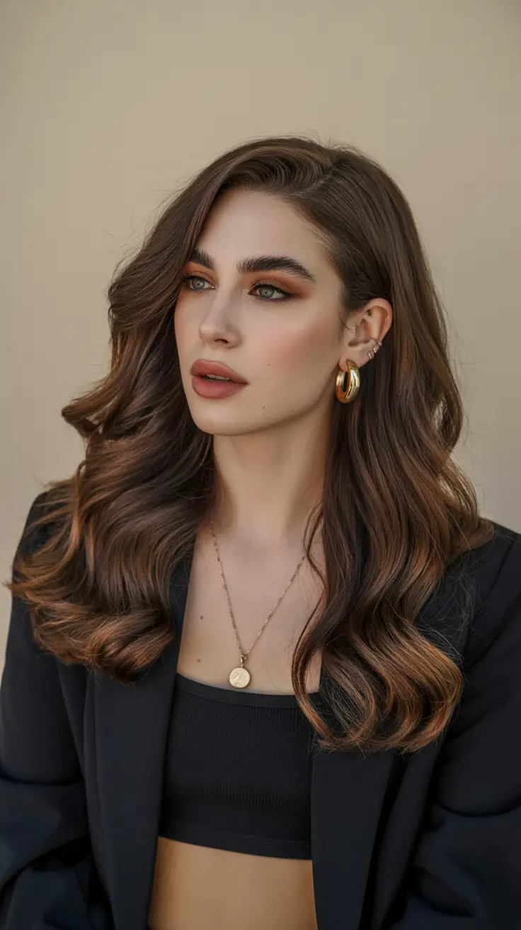 Brunette hair color Soft Mocha Brunette With Lived In Waves