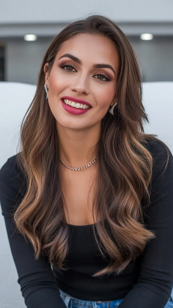 Brunette hair color Warm Brunette With Softly Blended Honey Highlights