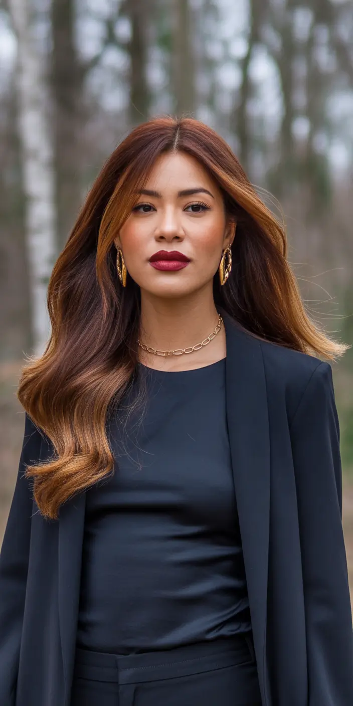 Brunette hair color Warm Chestnut Brunette With Luminous Honey Ends