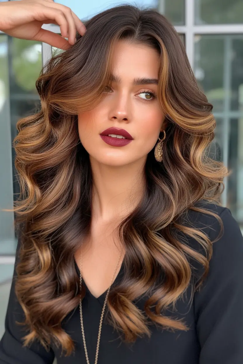 Brunette hair color Dimensional Bronzed Brunette Glam Waves