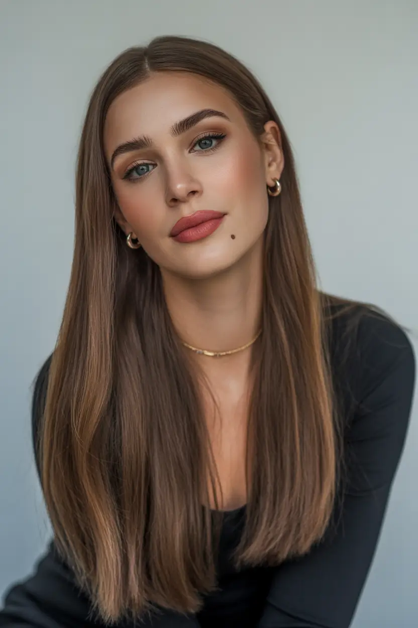 Brunette hair color Light Chocolate Brunette With Sleek Straight Lengths