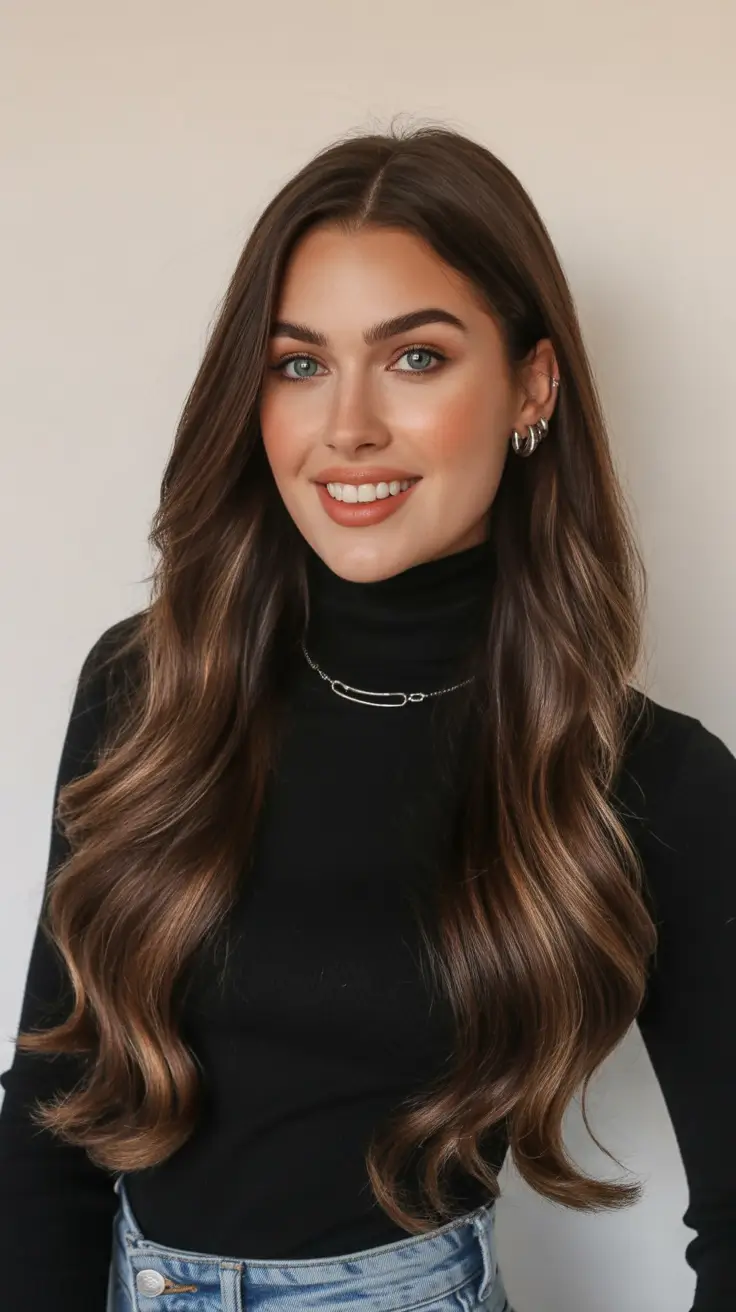 Brunette hair color Long Latte Brunette With Soft Contour Highlights