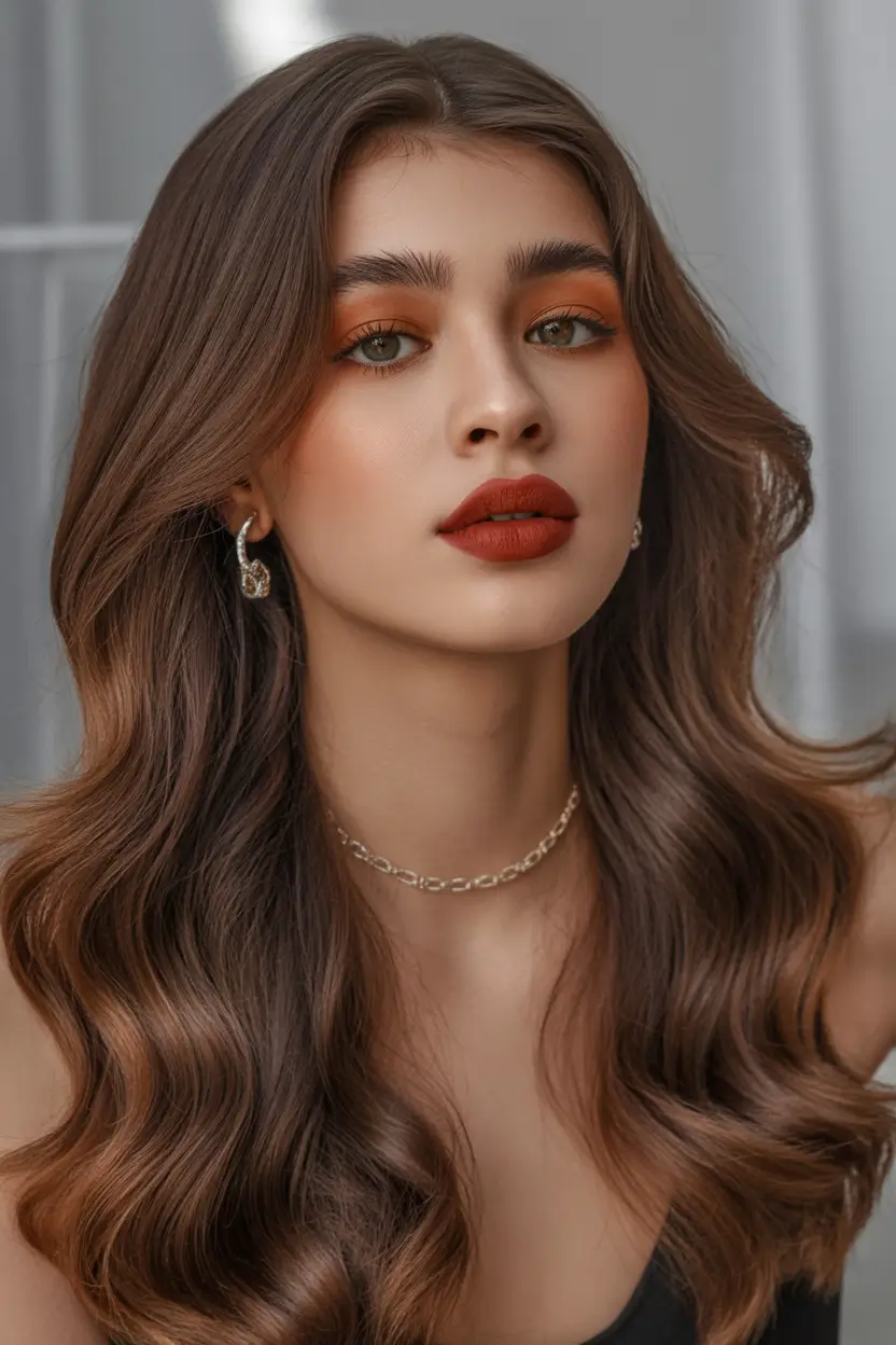 Brunette hair color Rich Cinnamon Brunette With Polished Waves