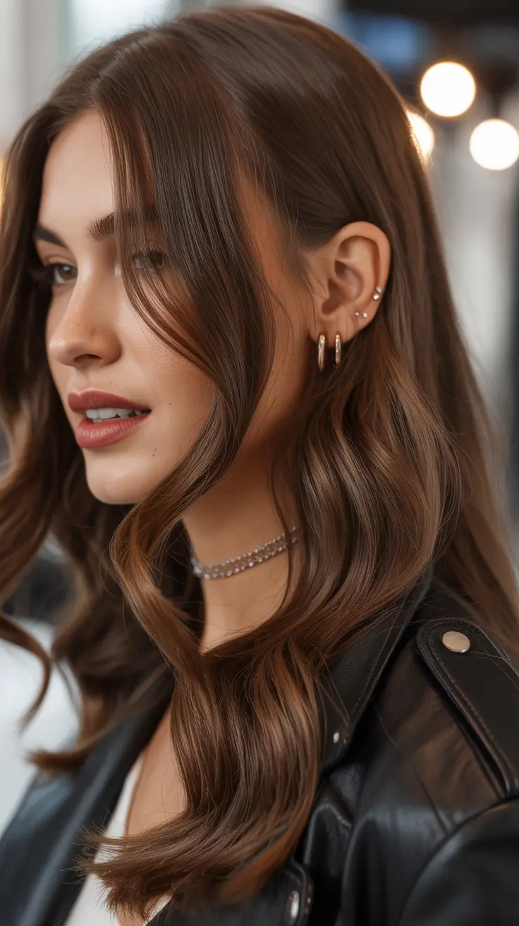 Brunette hair color Classic Neutral Brunette With Soft Face Framing Waves