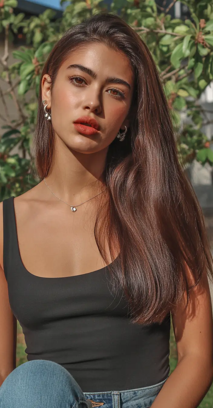 Brunette hair color Solid Dark Brunette Shine With Minimalist Styling