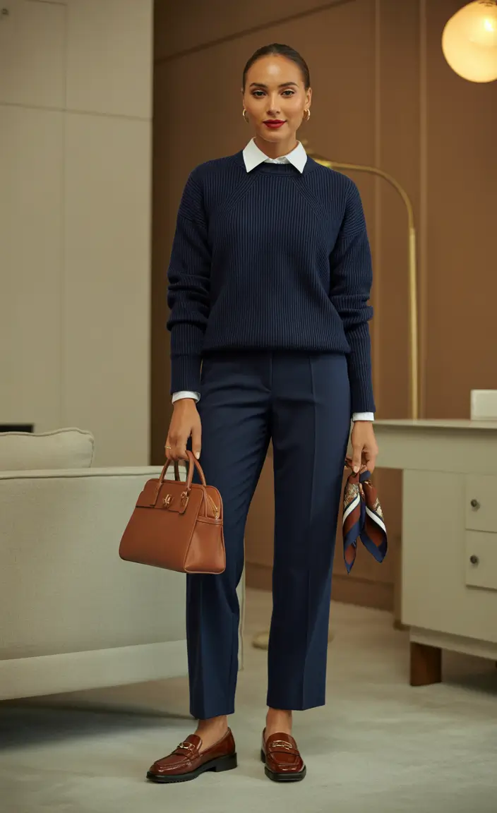 business casual outfits for women 2026 Navy and Cognac Harmony