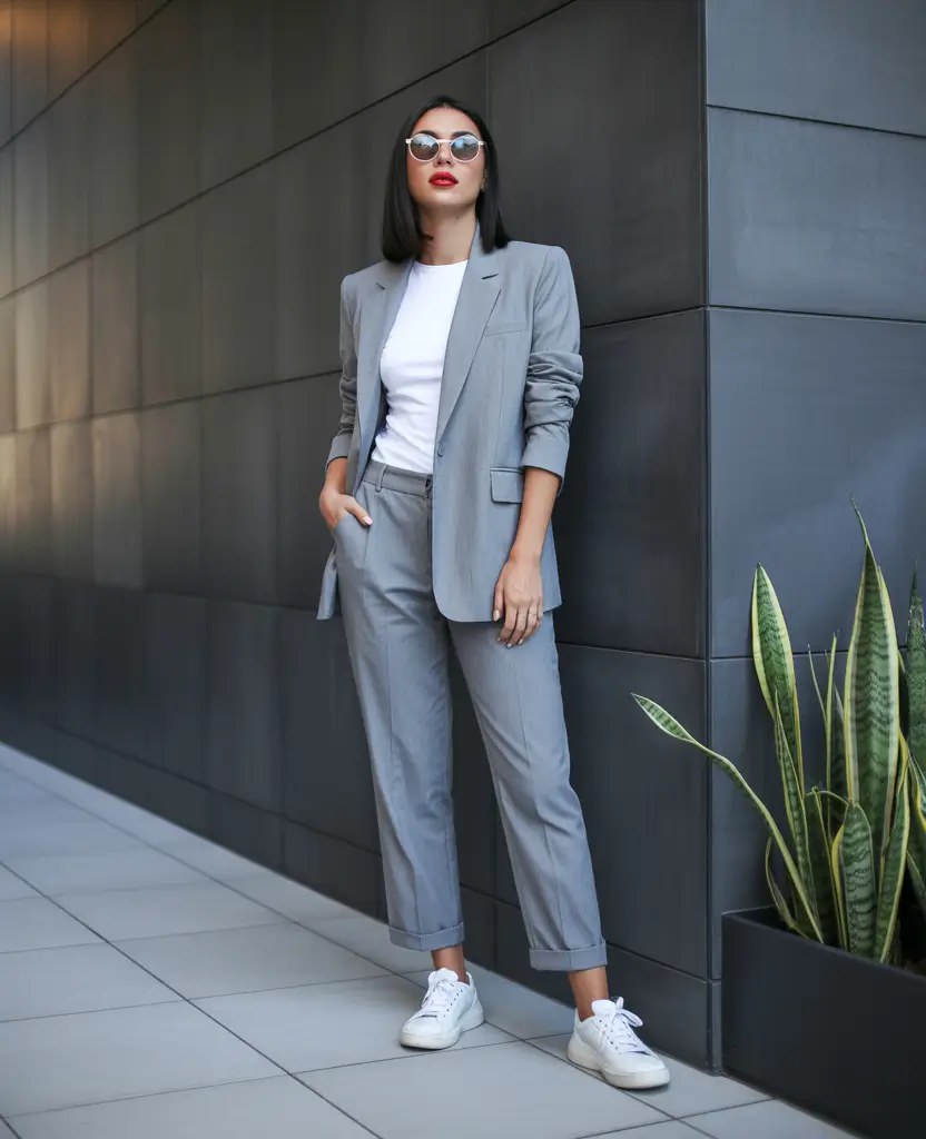 business casual outfits for women 2026 Gray Tailoring Meets Street Energy