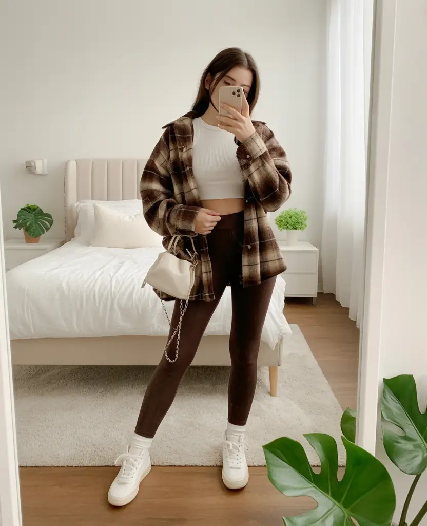 legging outfits Cozy Checks and Brown Harmony