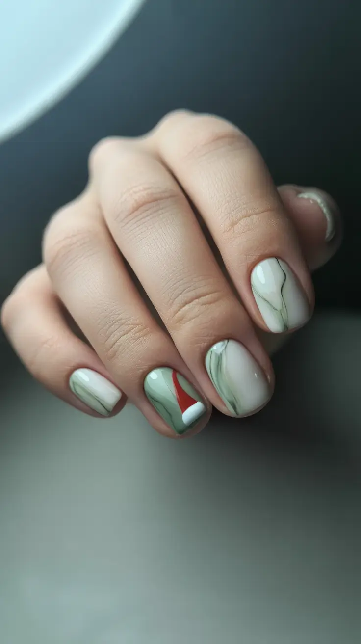 christmas nail art 2025 Soft Sage and Minimalist Marble Christmas Nails
