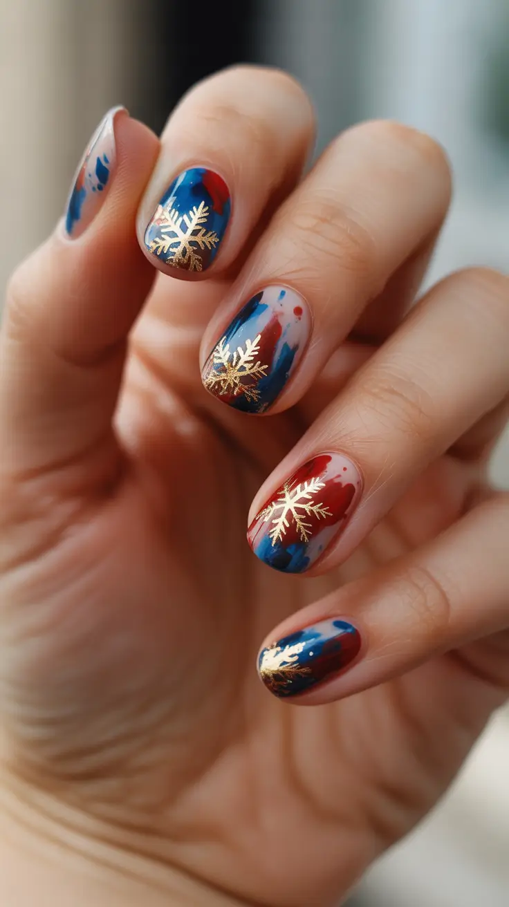 christmas nail art 2025 Blue and Red Winter Frost Nails with Golden Snowflakes