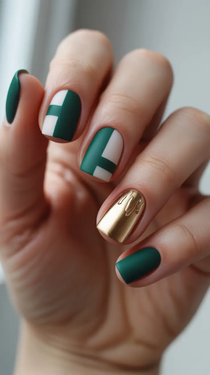 christmas nail art 2025 Emerald Geometry with Gold Accent