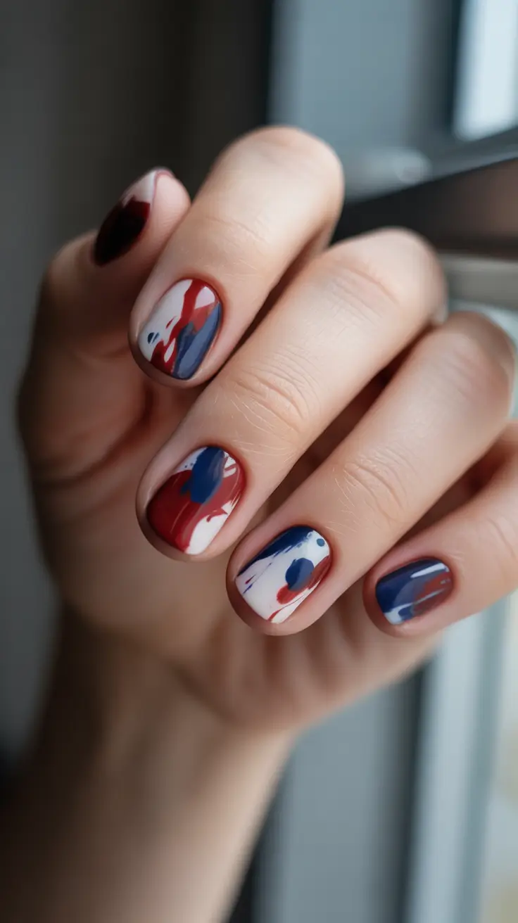 christmas nail art 2025 Modern Winter Abstract in Red and Blue