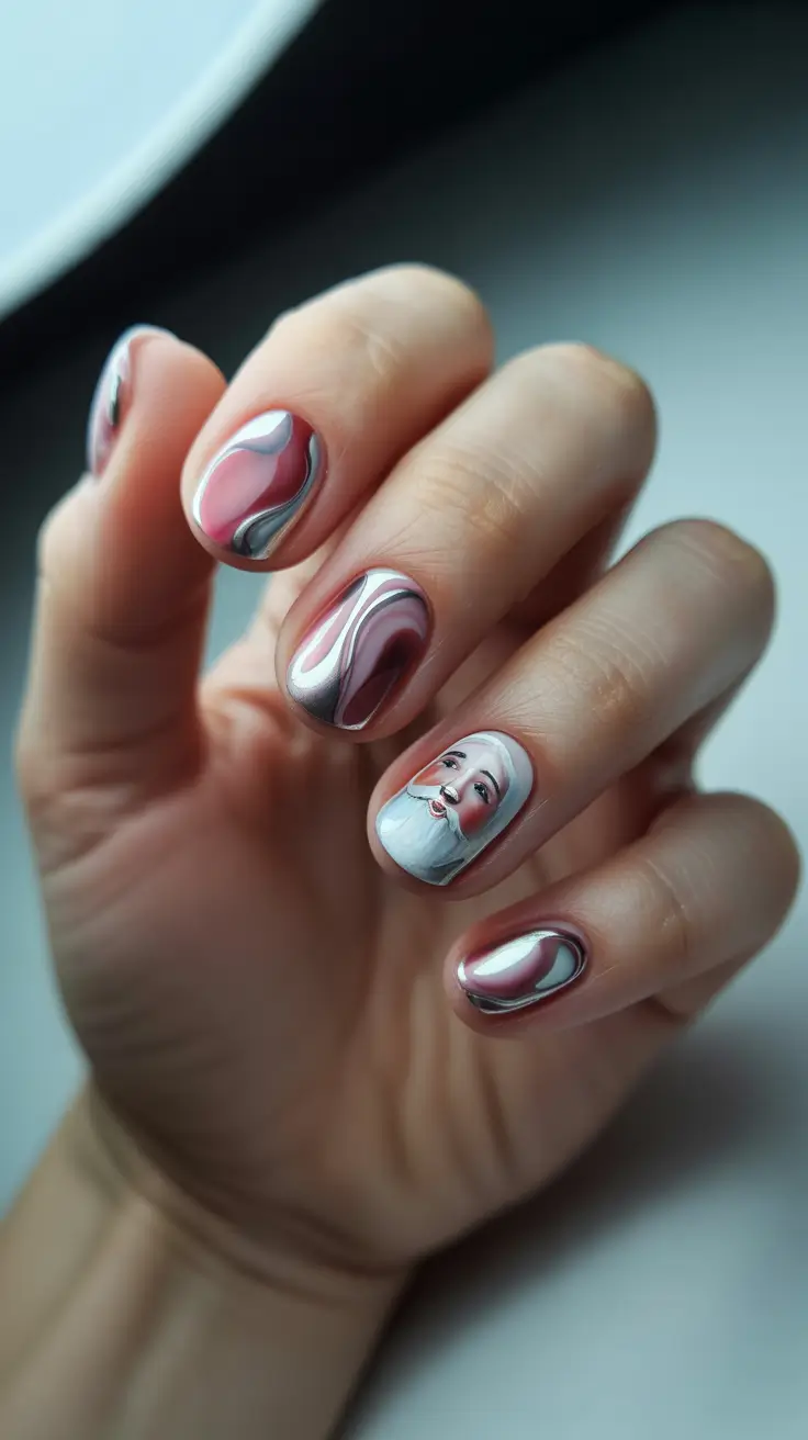 christmas nail art 2025 Pink Chrome Santa Nails