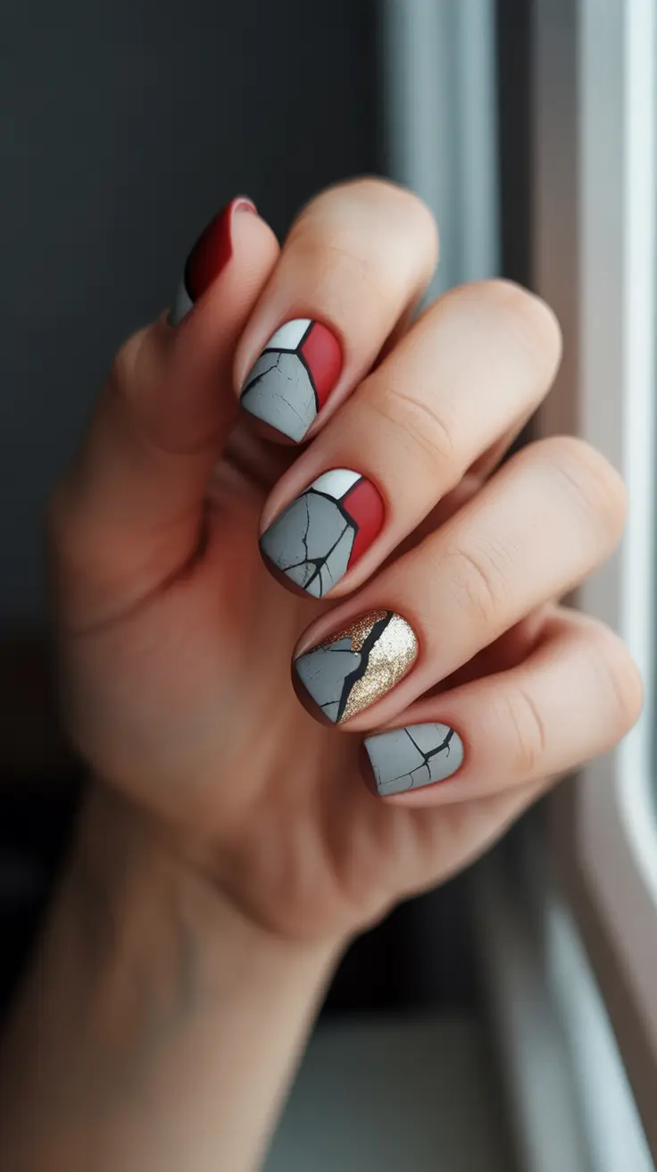 christmas nail art 2025 Modern Red and Stone Nails with Gold Crack Detail