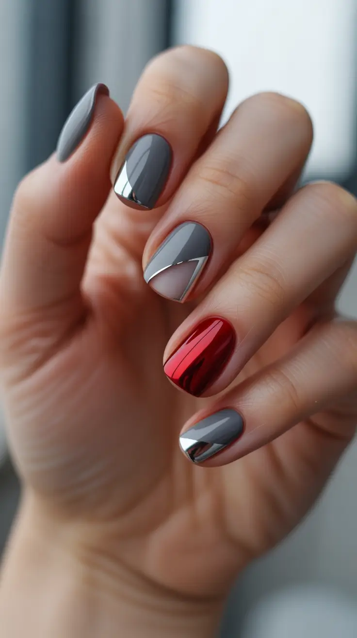 christmas nail art 2025 Steel Chrome and Red Reflection Nails