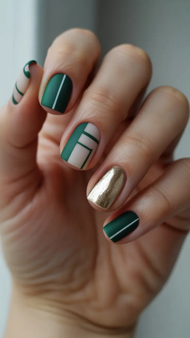 christmas nail art 2025 Evergreen and Gold Minimal Lines