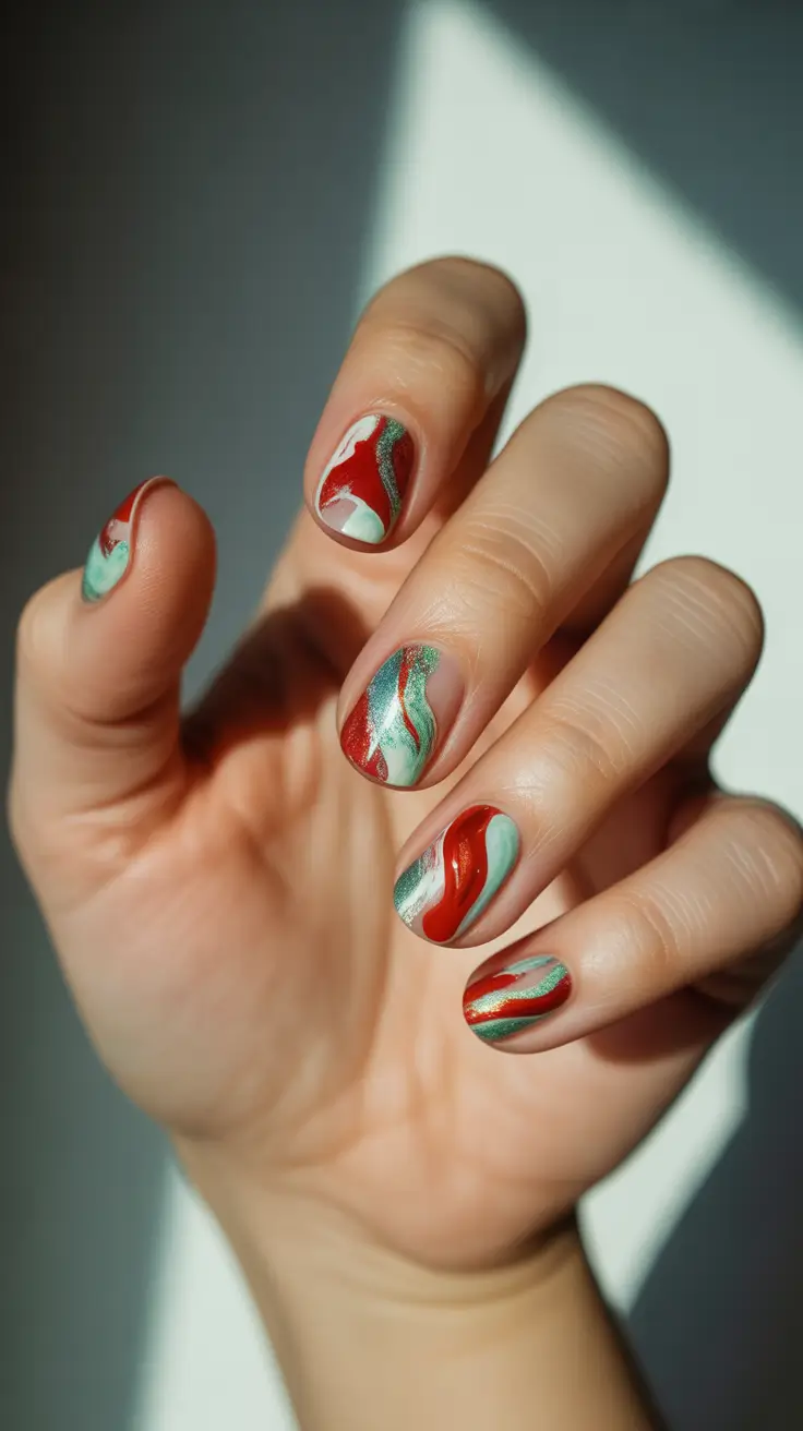 christmas nail art 2025 Mint Swirl Candy Nails