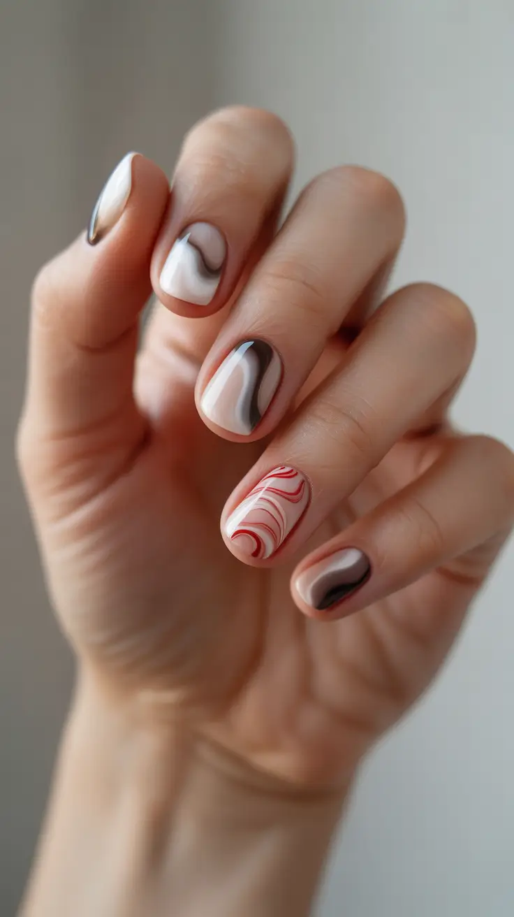 christmas nail art 2025 Mocha Swirl with Red Accent