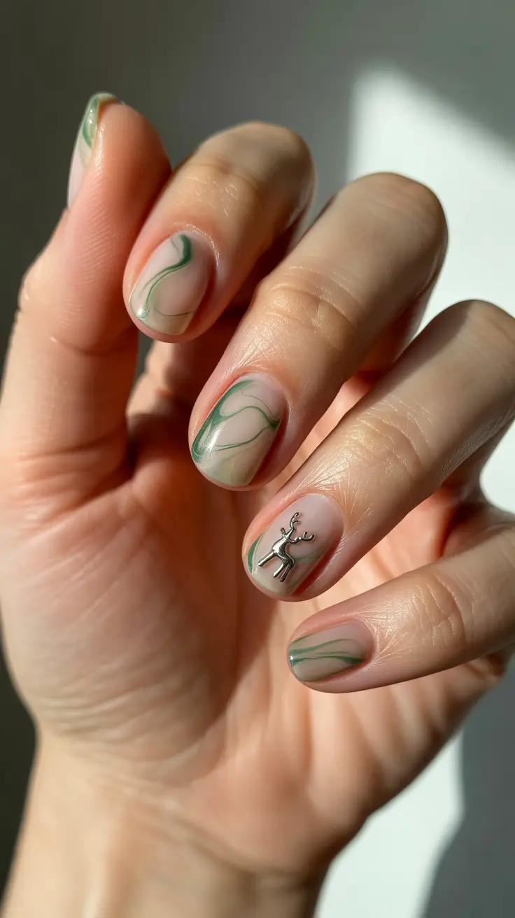 christmas nail art 2025 Frosted Green with Silver Reindeer Accent