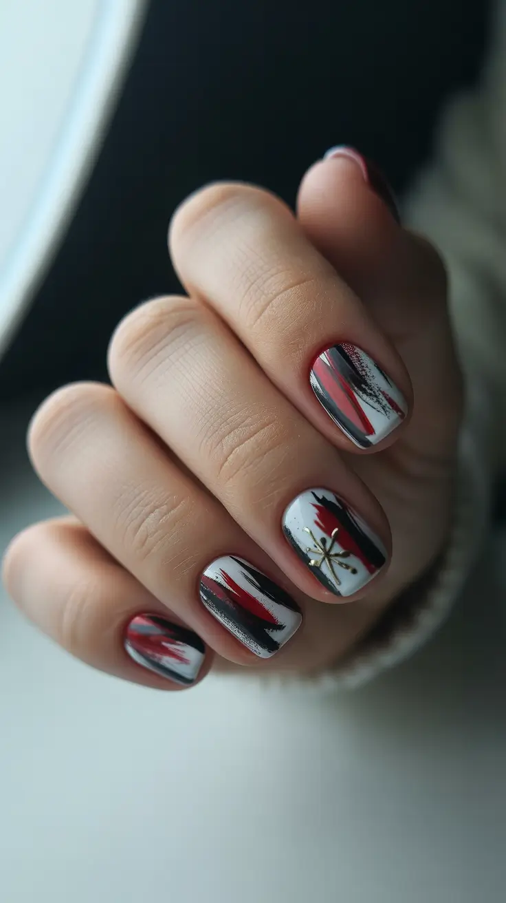 christmas nail art 2025 Red Black and White Abstract Snowflake Nails
