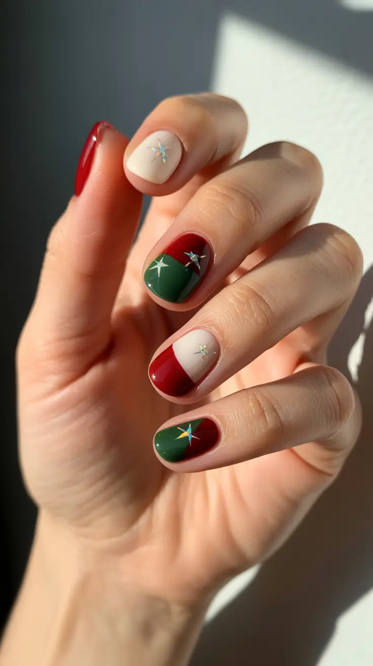 christmas nail art 2025 Classic Red and Green Split Nails with Star Charms